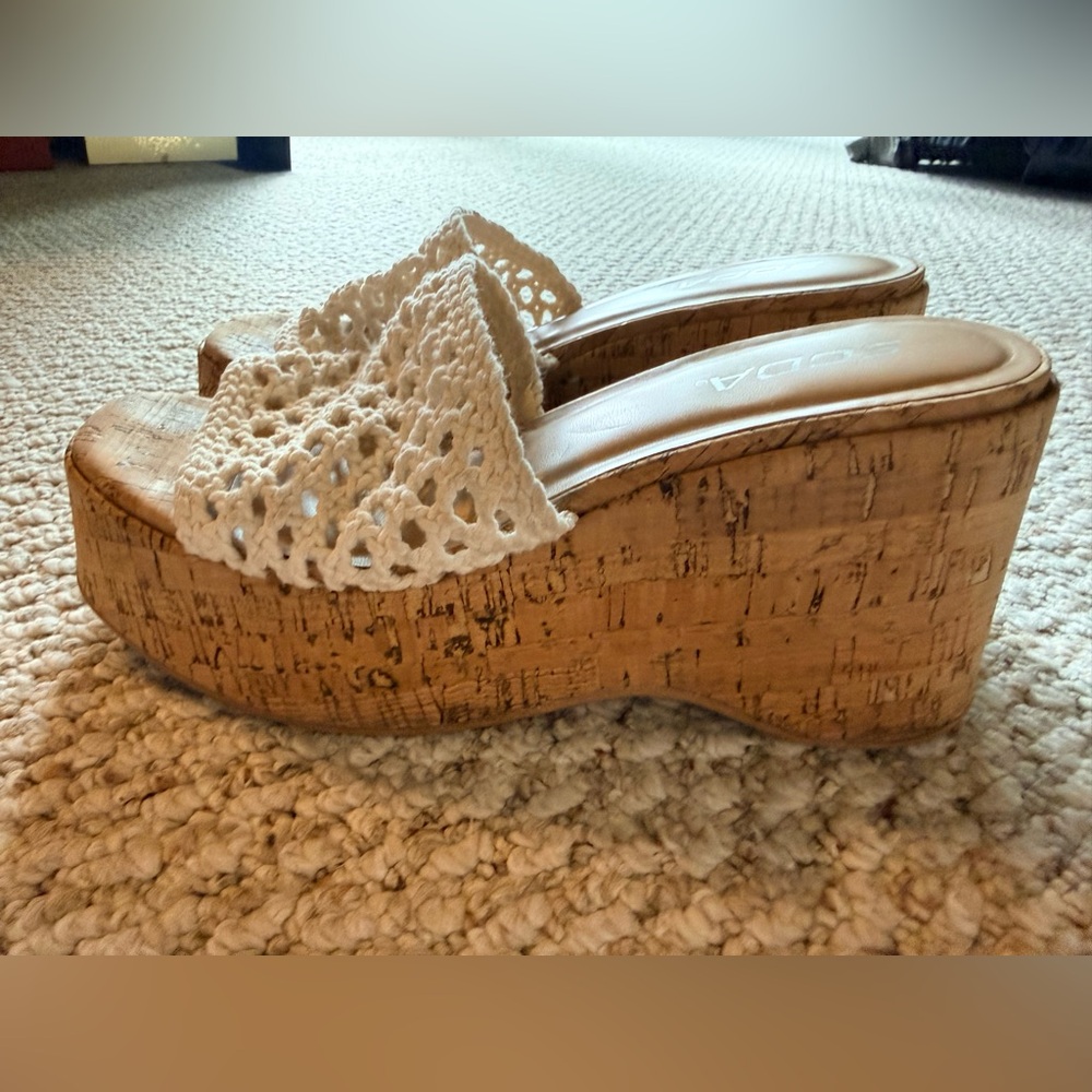 SODA Wedge Slide Sandals with Crochet Upper in Cream
